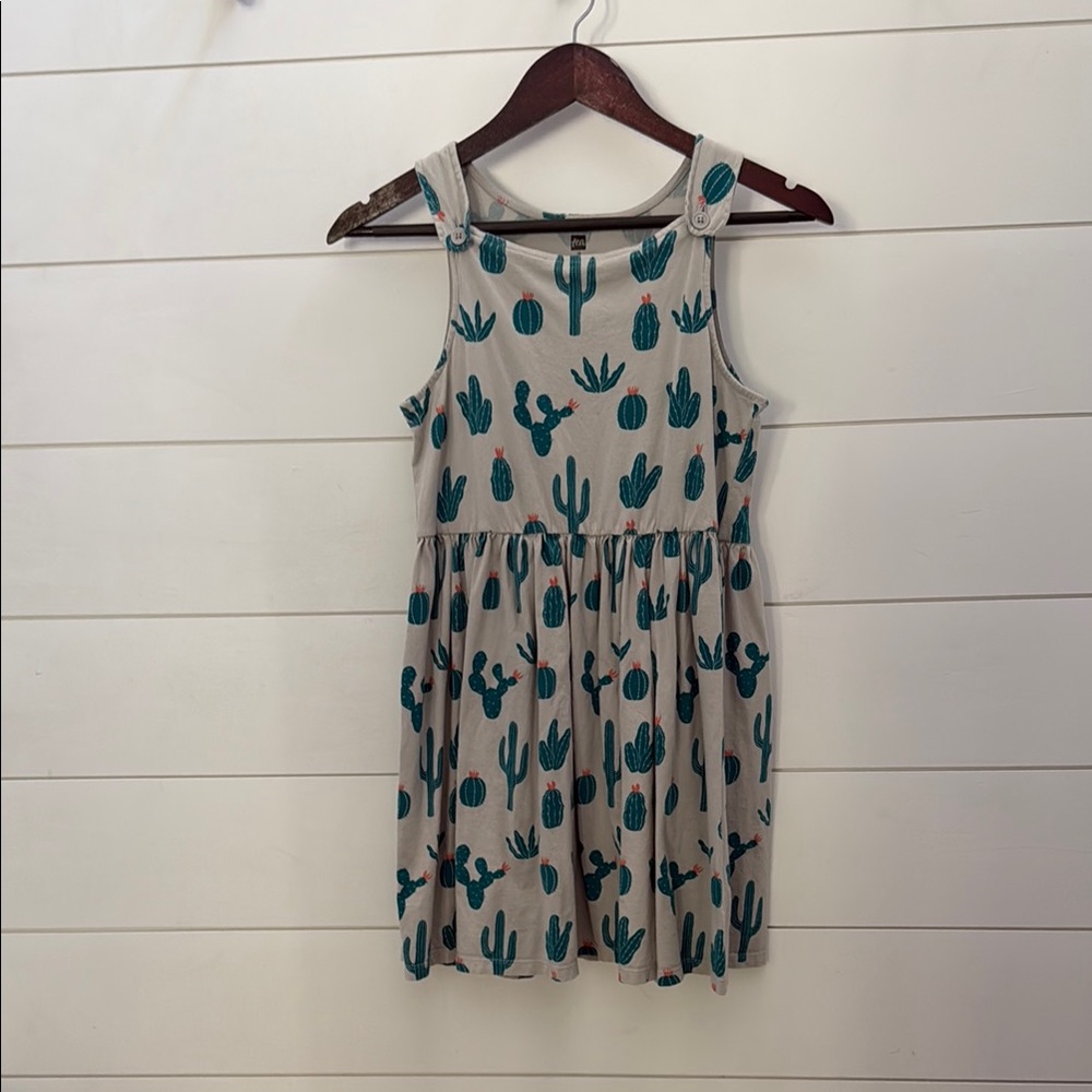 Tea Collection Girls Gray and Green Sleeveless Sundress with Fun Cactus Print